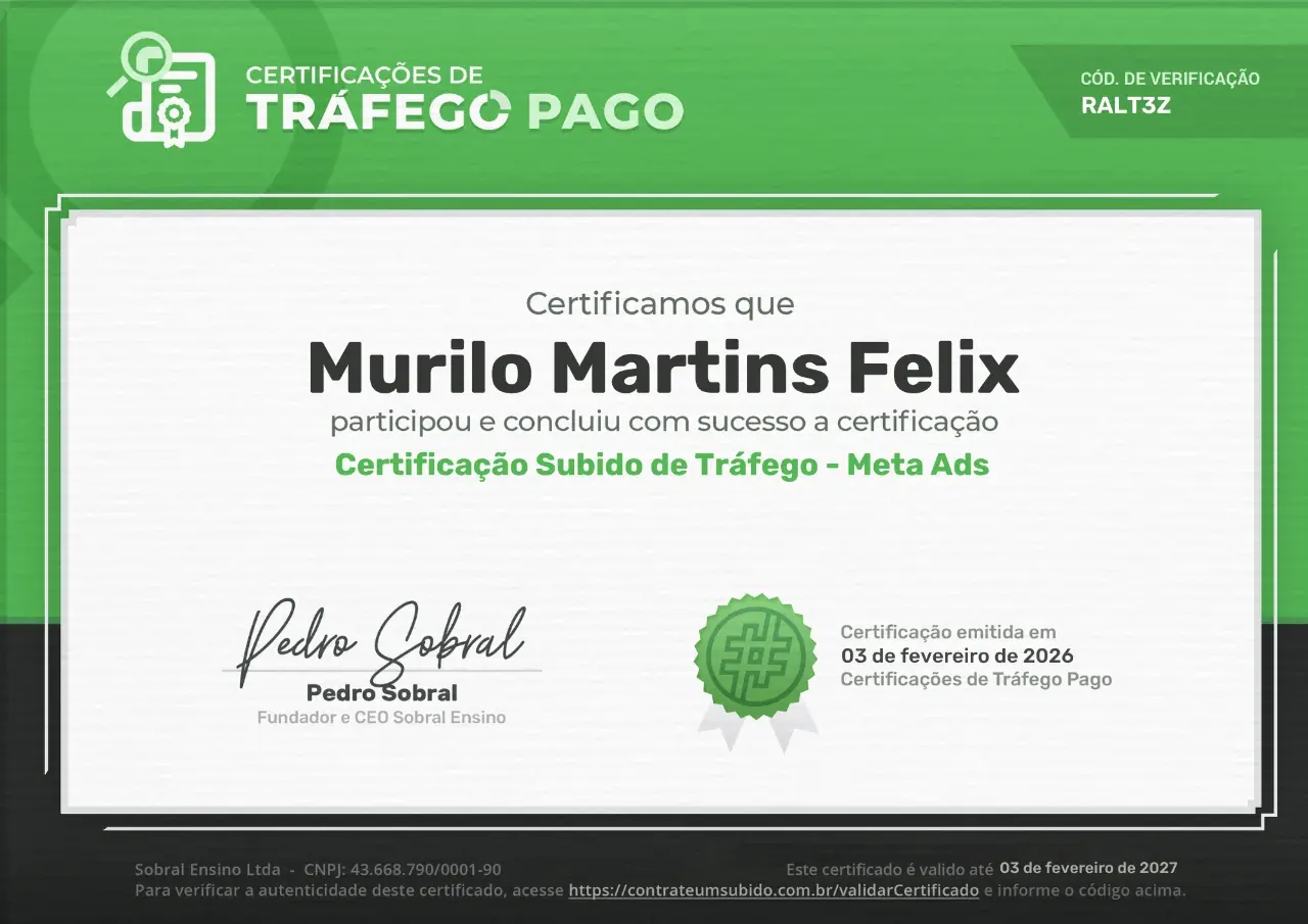 Certificação Subido de Tráfego em Meta Ads, Murilo Martins