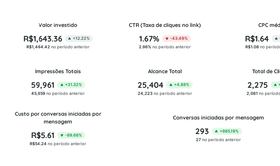 Painel do Relatório mensal: custo por conversa no mês